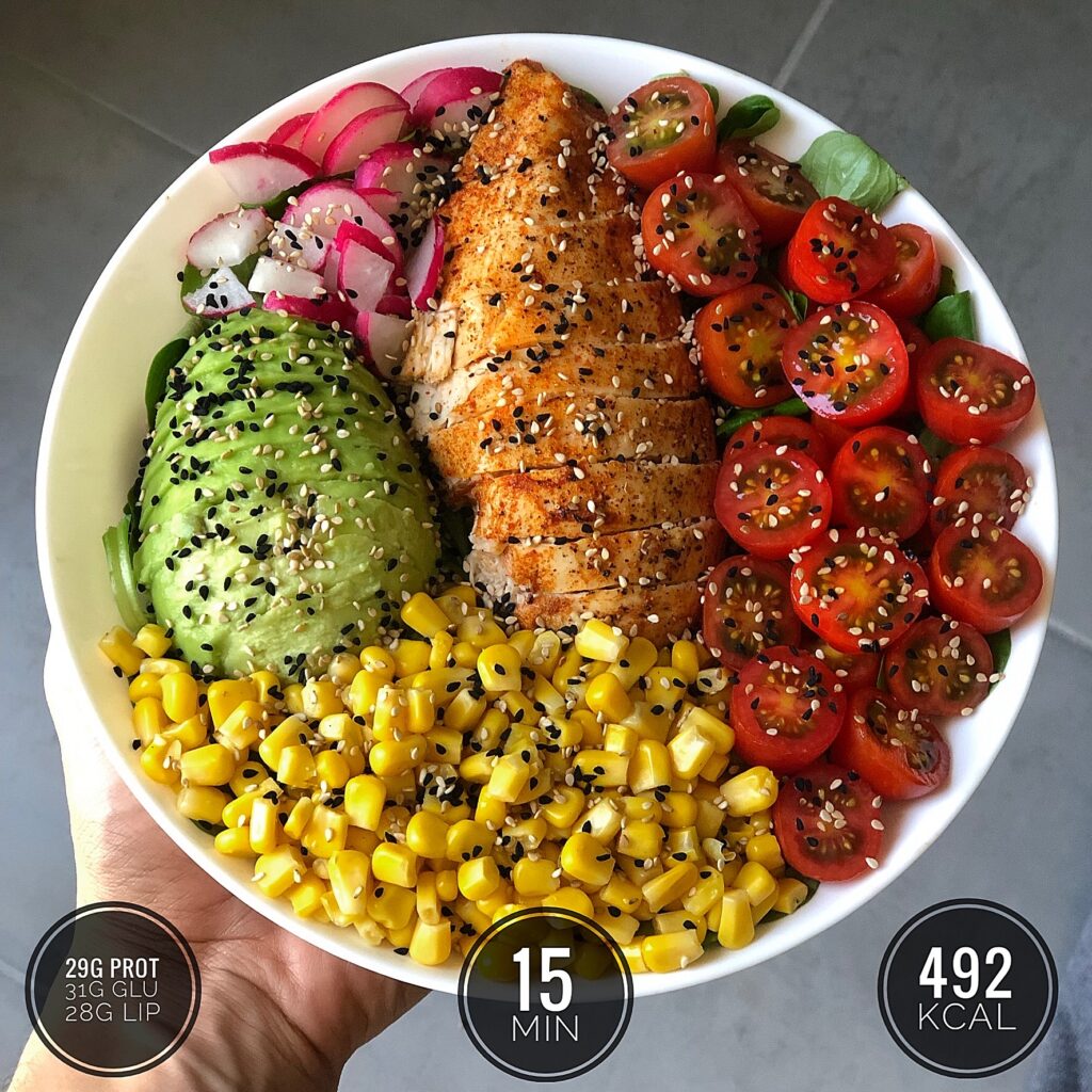salade-composée-poulet-tranché-et-avocat